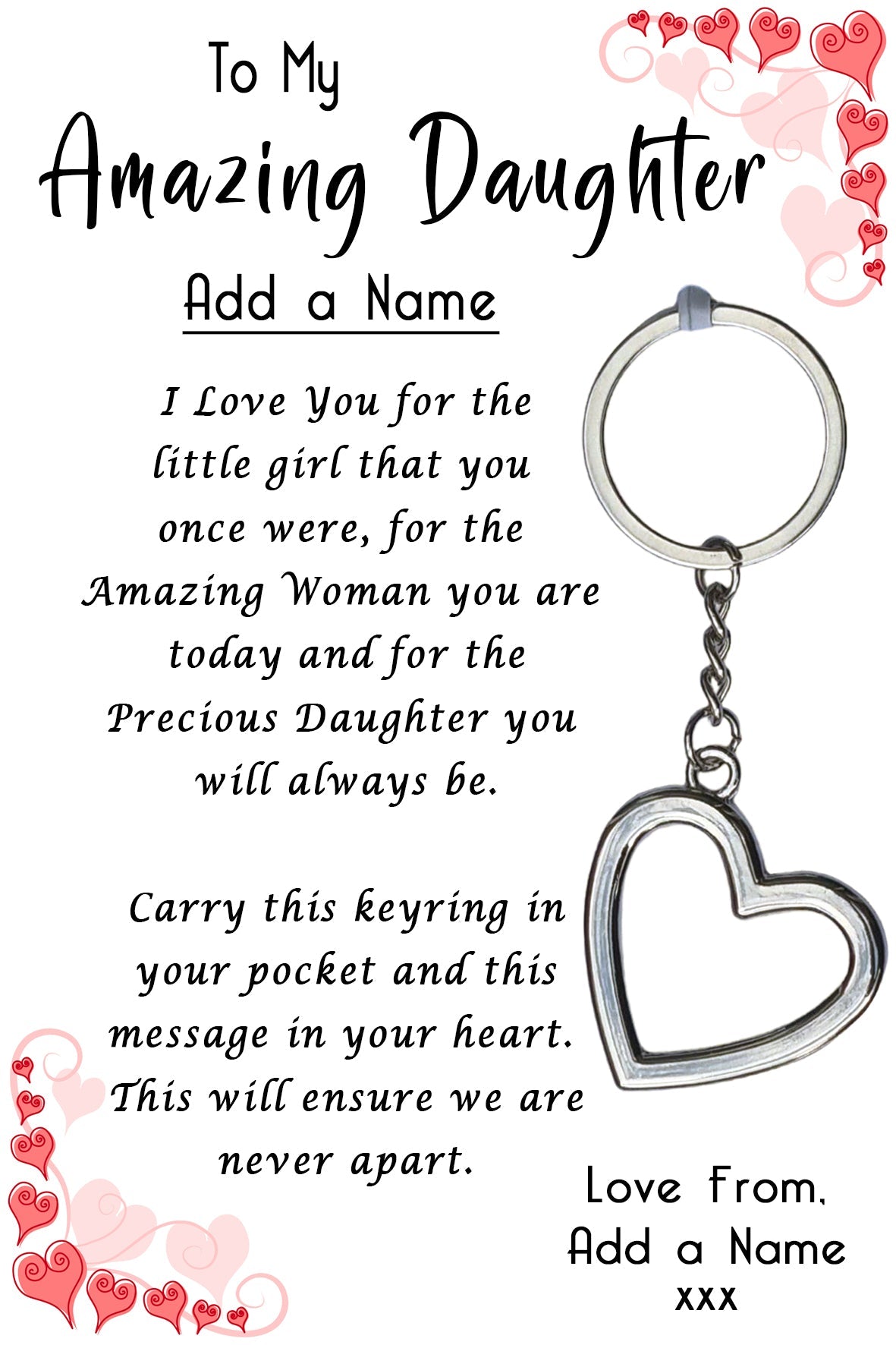 Amazing Daughter Heart Keyrings & Personalised Card