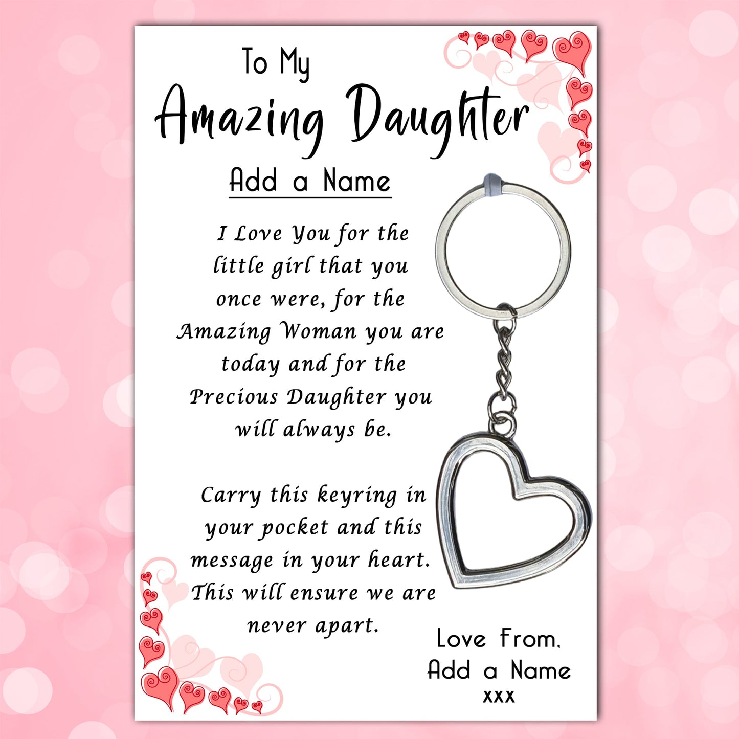 Amazing Daughter Heart Keyrings & Personalised Card