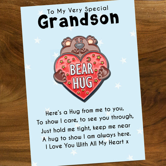 Grandson Bear Hug Pin Badges & Blue Star Message Cards