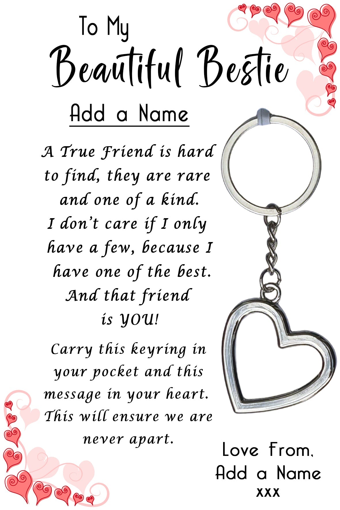 Beautiful Bestie Heart Keyring & Personalised Card