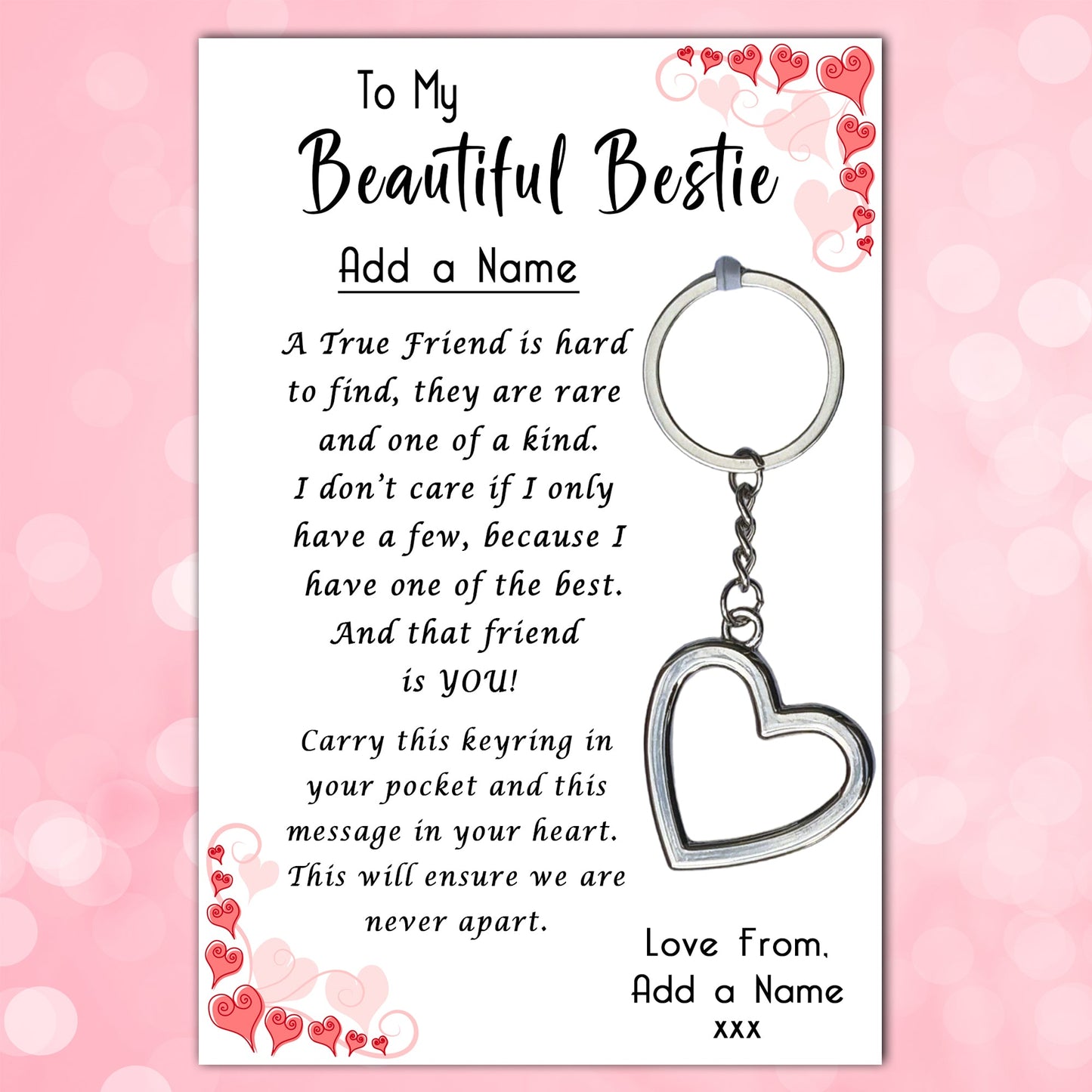 Beautiful Bestie Heart Keyring & Personalised Card