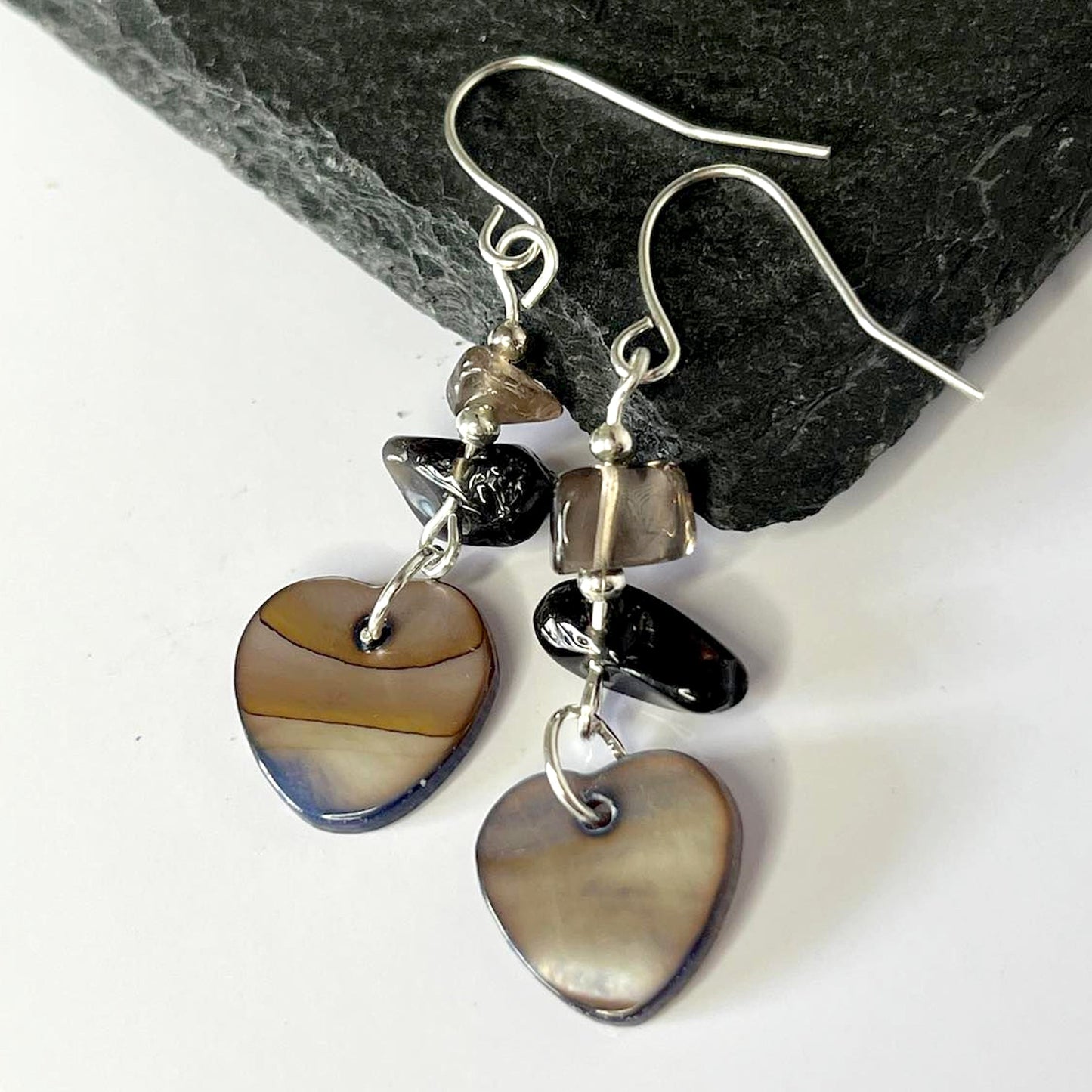 Smokey Quartz Stone Heart Shell Hook Earrings