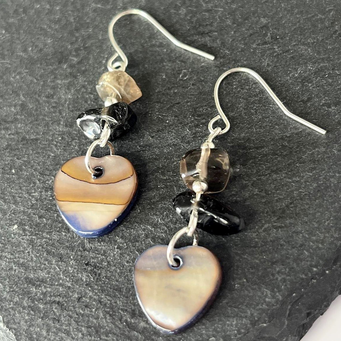 Smokey Quartz Stone Heart Shell Hook Earrings