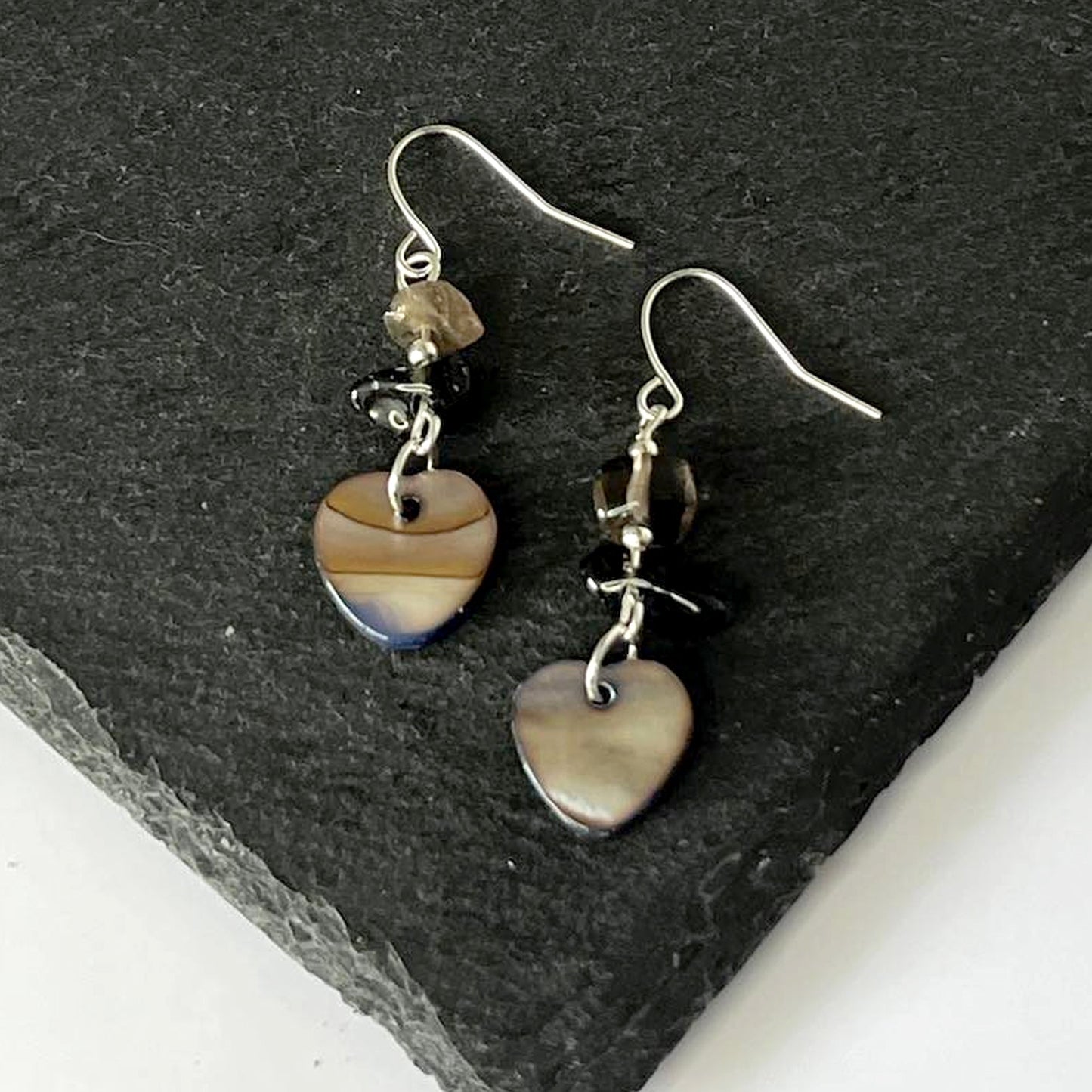 Smokey Quartz Stone Heart Shell Hook Earrings