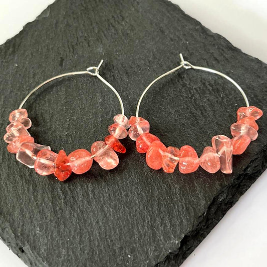 Cherry Quartz Stone Hoop Earrings