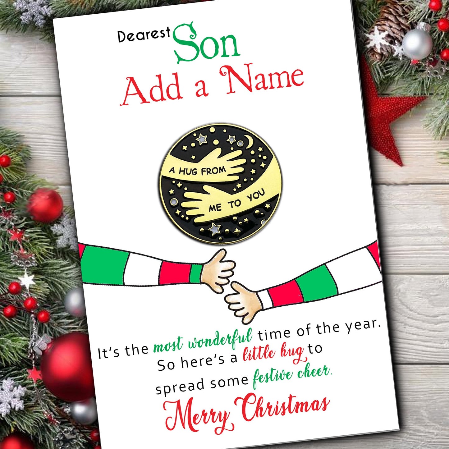 Dearest Son Christmas Elf Hug Pin Badges