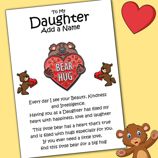 Bear Hug Red Heart Pin Badges & Personalised Daughter Message Cards