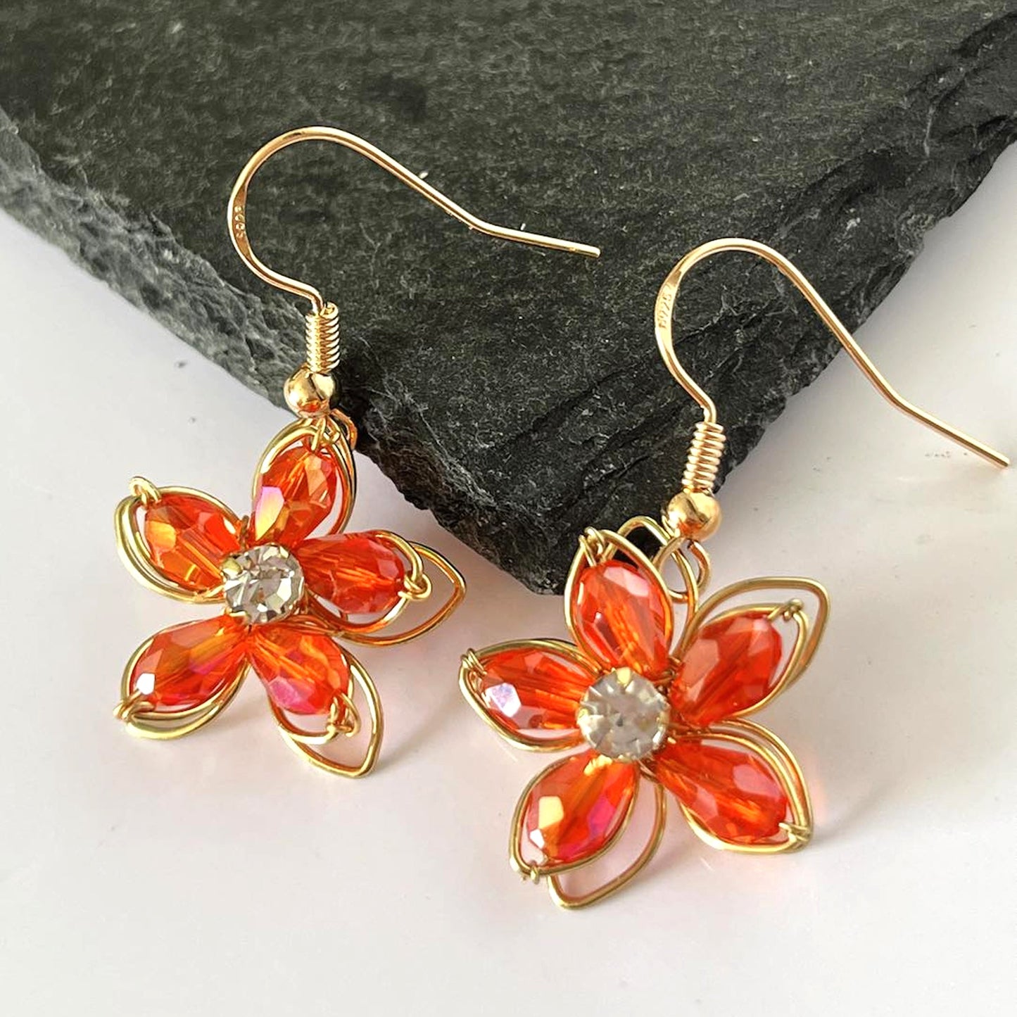 Red Glass Flower Hook Earrings