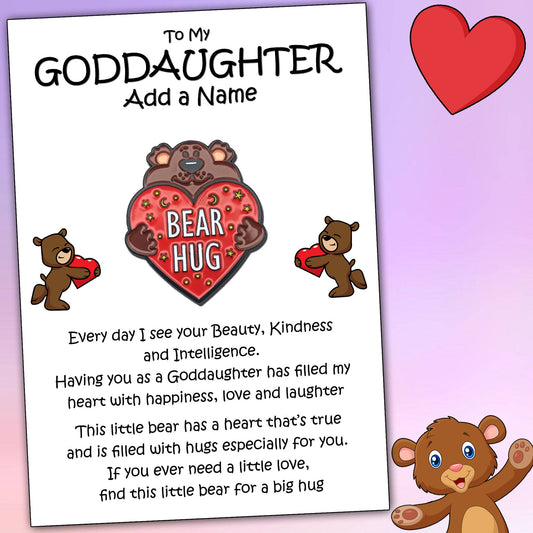 Bear Hug Red Heart Pin Badges & Personalised Goddaughter Message Cards