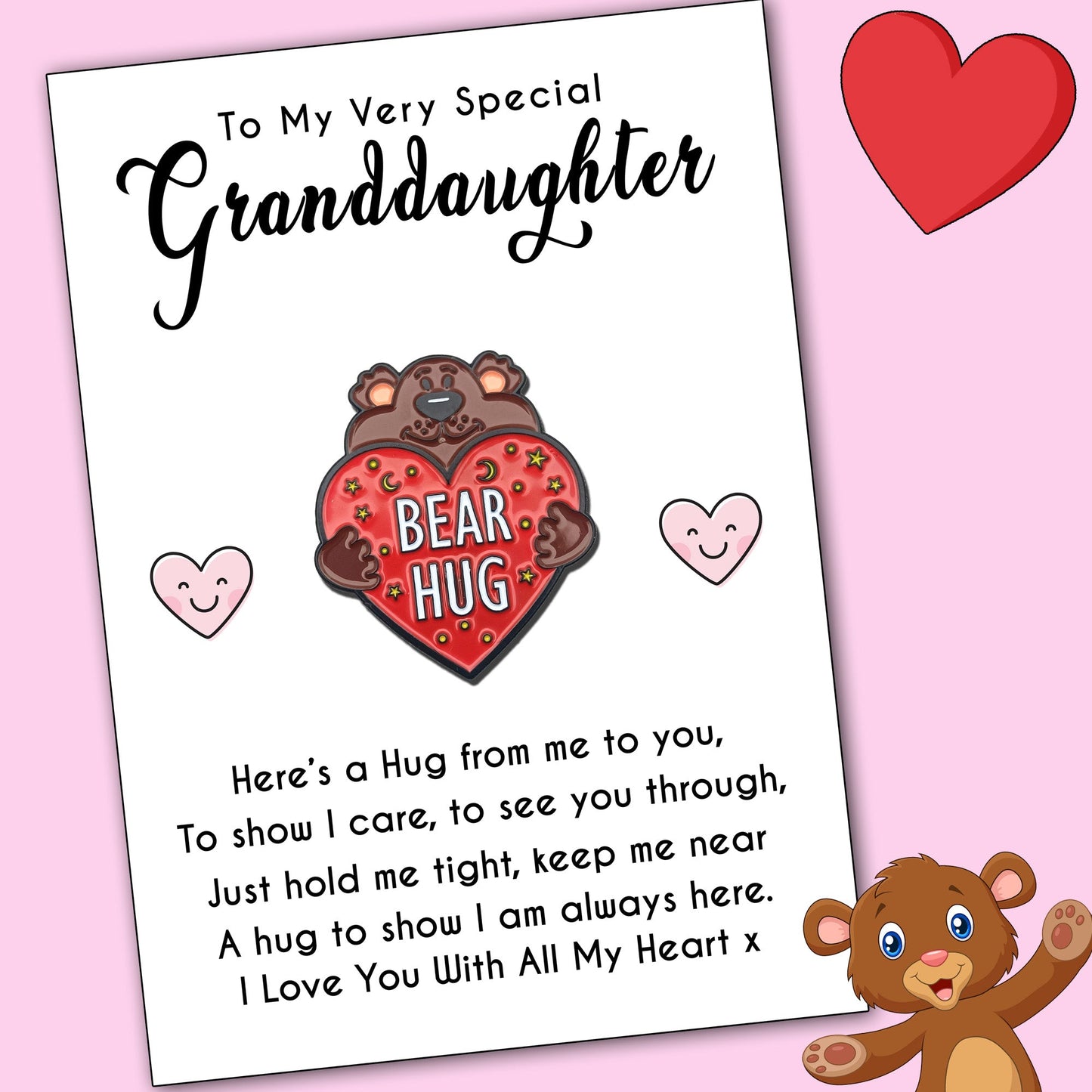 Granddaughter Bear Hug Pin Badges & Personalised Message Card