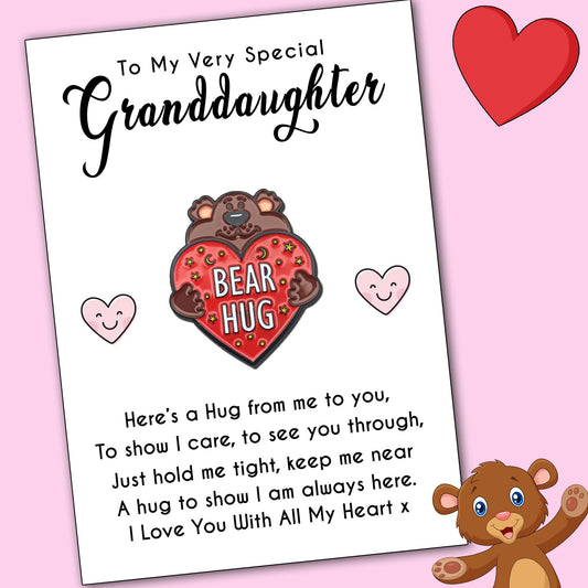 Granddaughter Bear Hug Pin Badges & Personalised Message Card