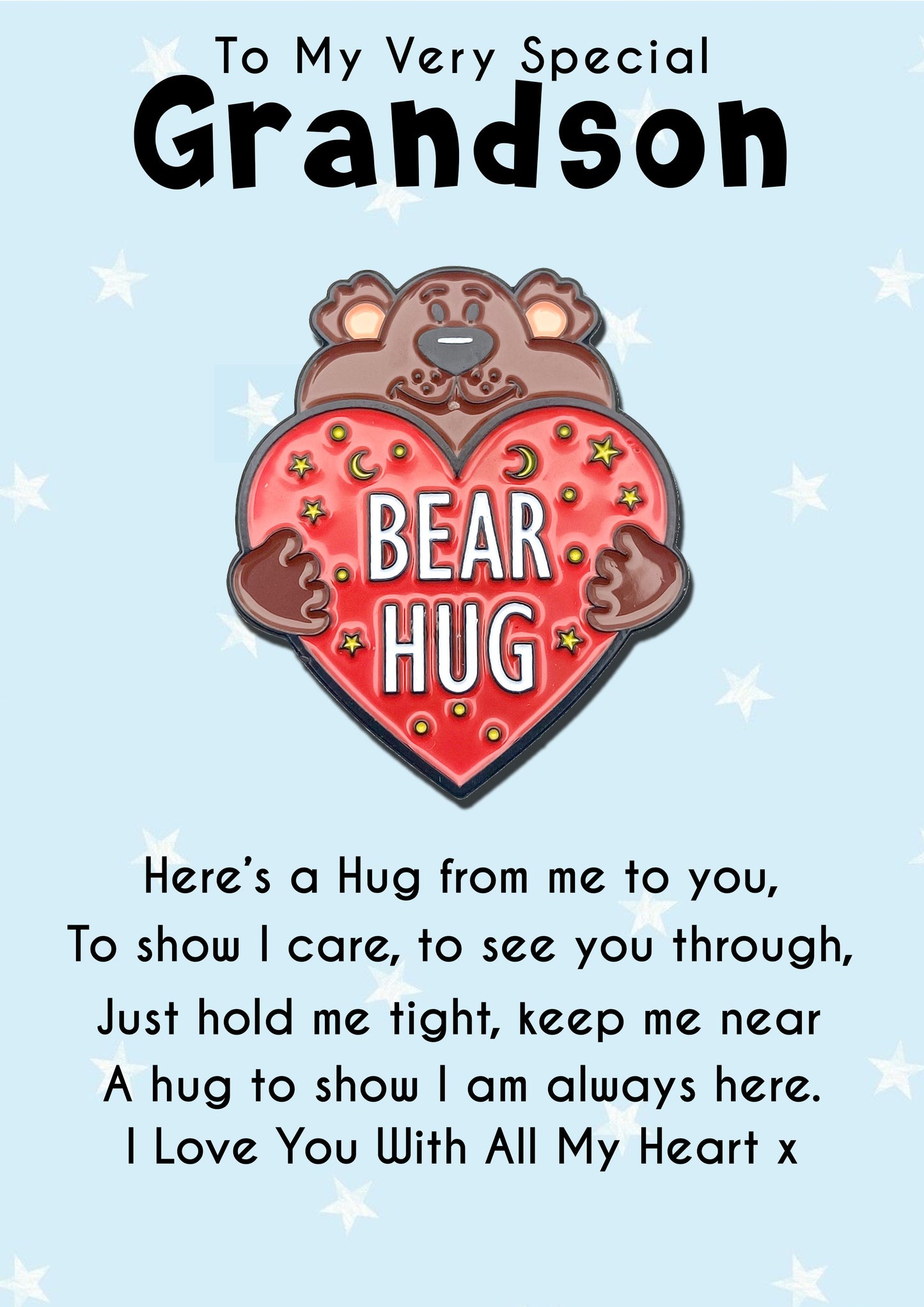 Grandson Bear Hug Pin Badges & Blue Star Message Cards