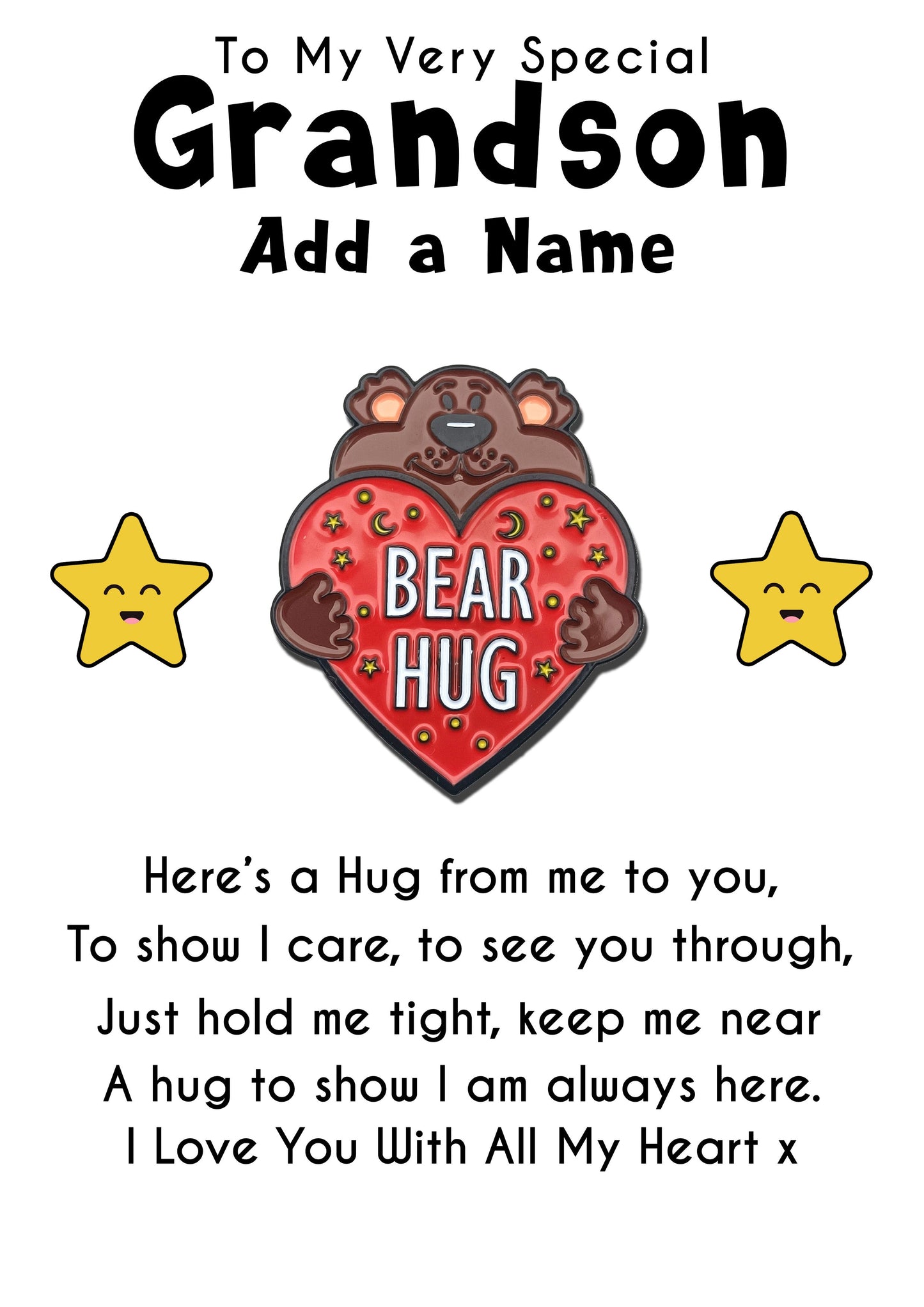 Grandson Bear Hug Pin Badges & Personalised Message Cards