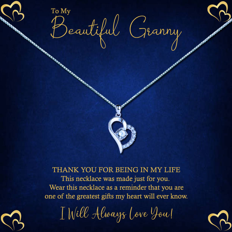 To My Beautiful Grandmother -  Elegant Blue Gold Heart Message Necklace