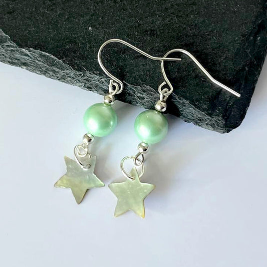 Shell Star Green Pearl Hook Earrings