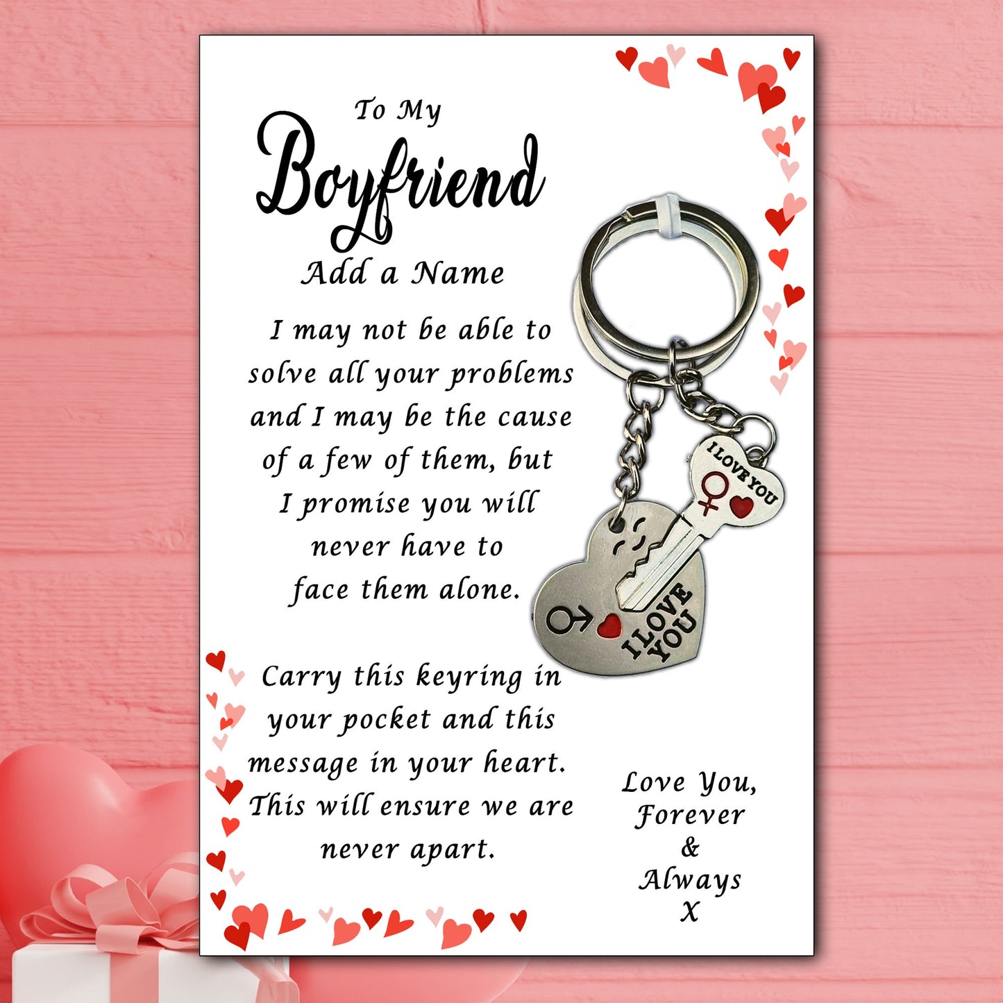 I Love You His & Hers Keyrings and Personalised Boyfriend Card