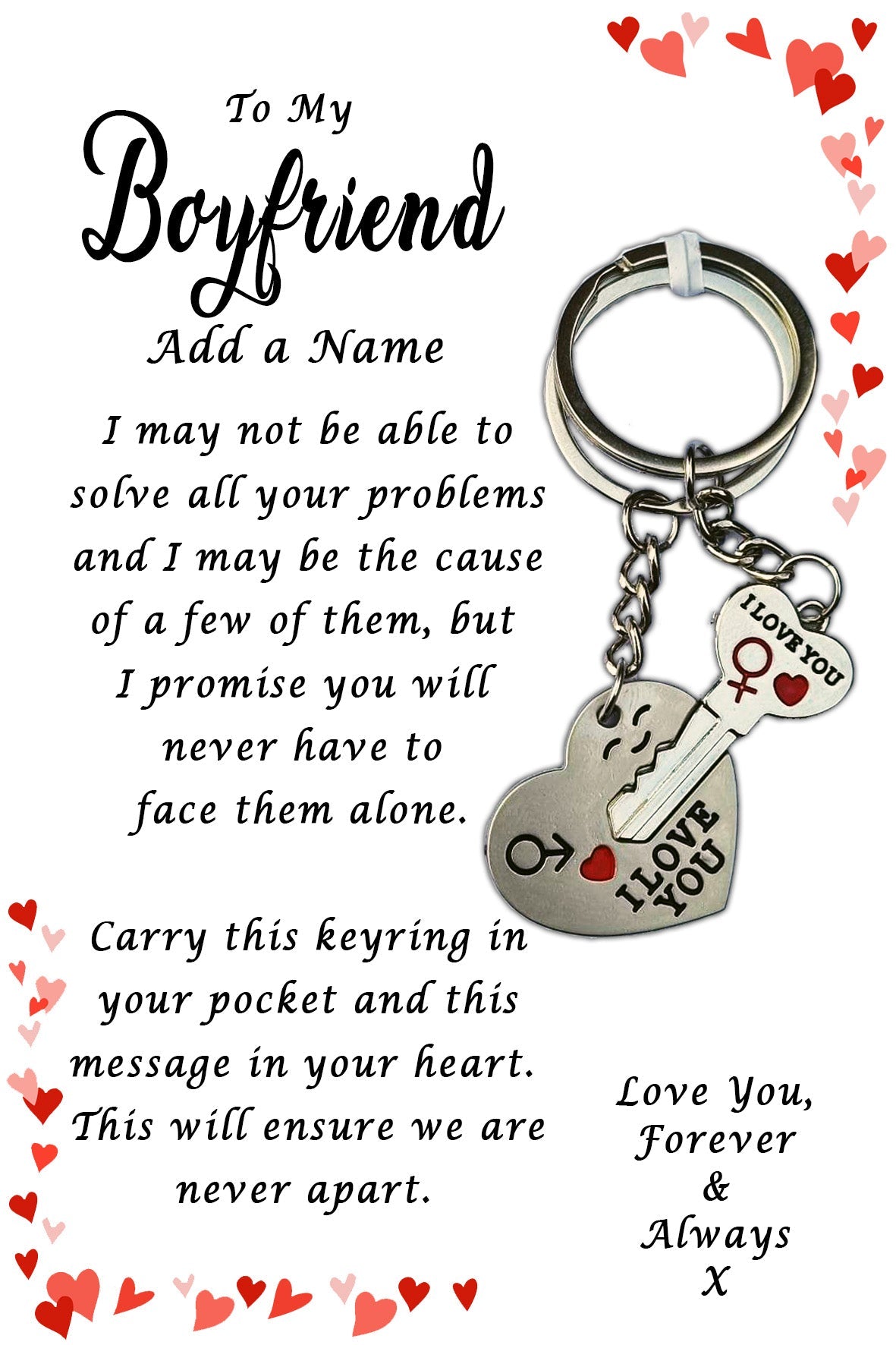 I Love You His & Hers Keyrings and Personalised Boyfriend Card