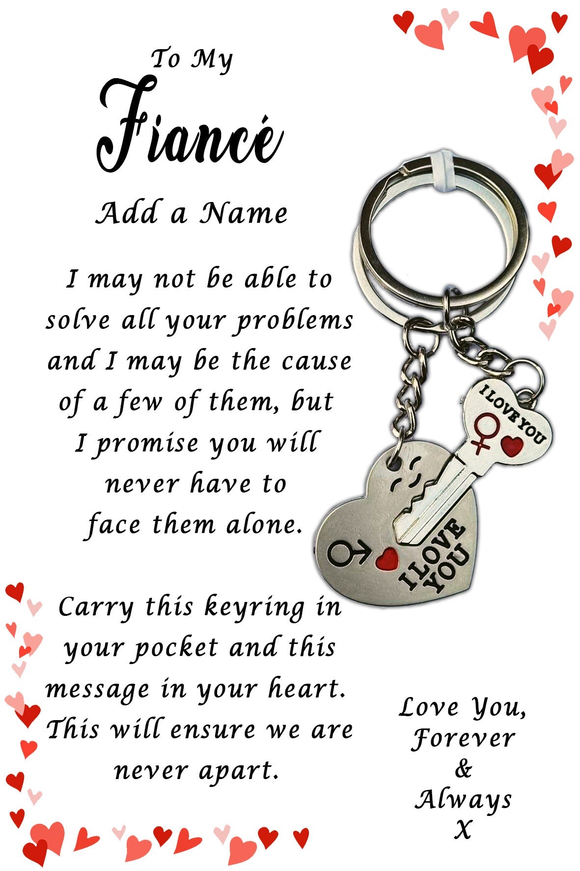 I Love You His & Hers Keyrings and Personalised Fiancé Card