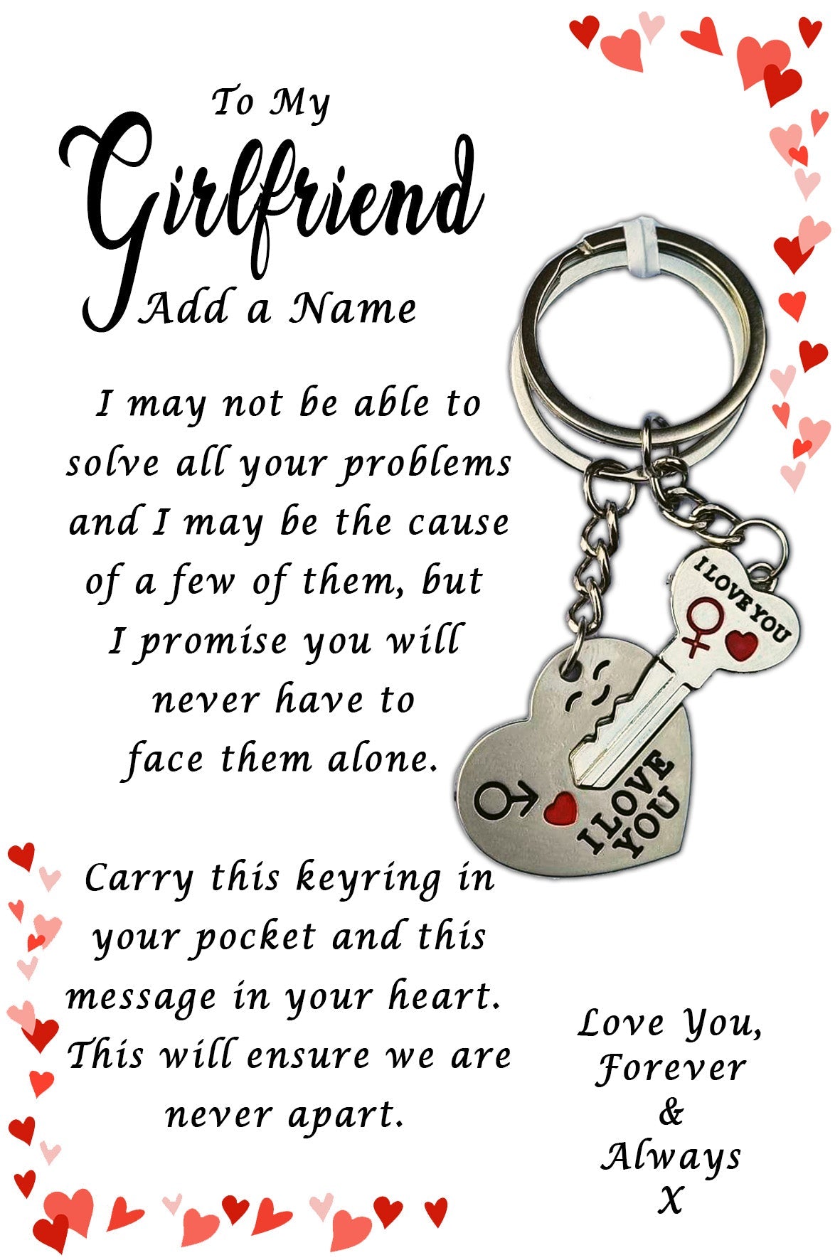 I Love You His & Hers Keyrings and Personalised Girlfriend Card