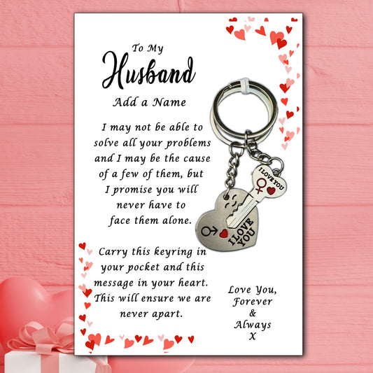 I Love You His & Hers Keyrings and Personalised Husband Card