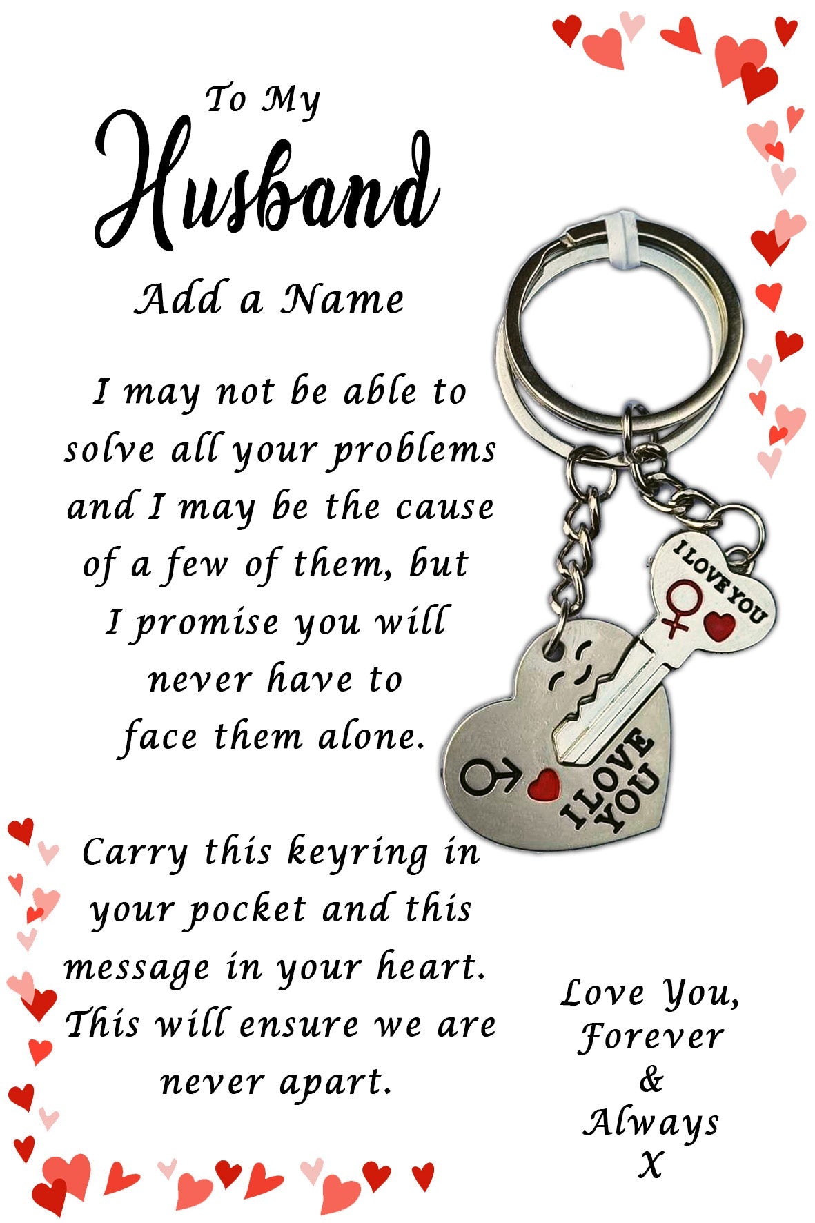 I Love You His & Hers Keyrings and Personalised Husband Card