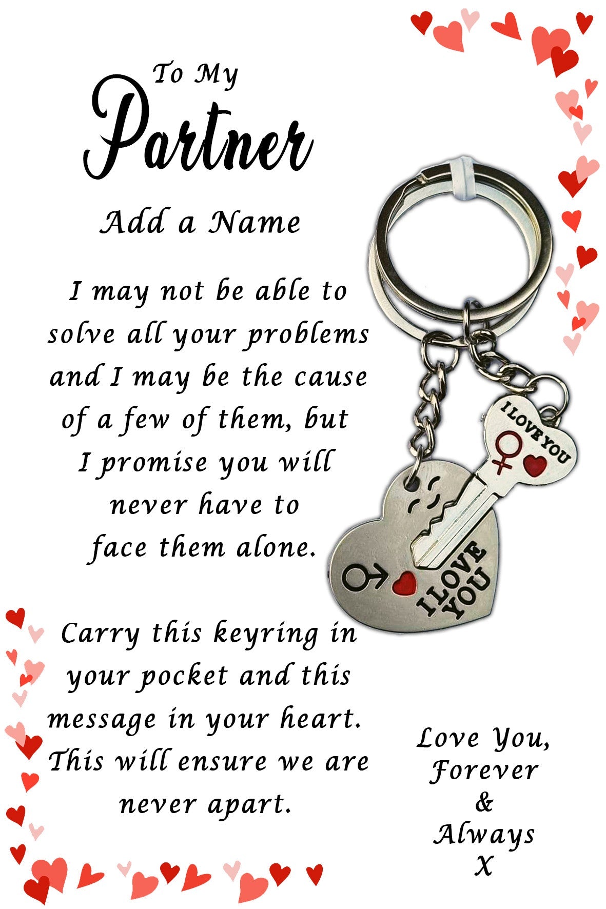 I Love You His & Hers Keyrings and Personalised Partner Card