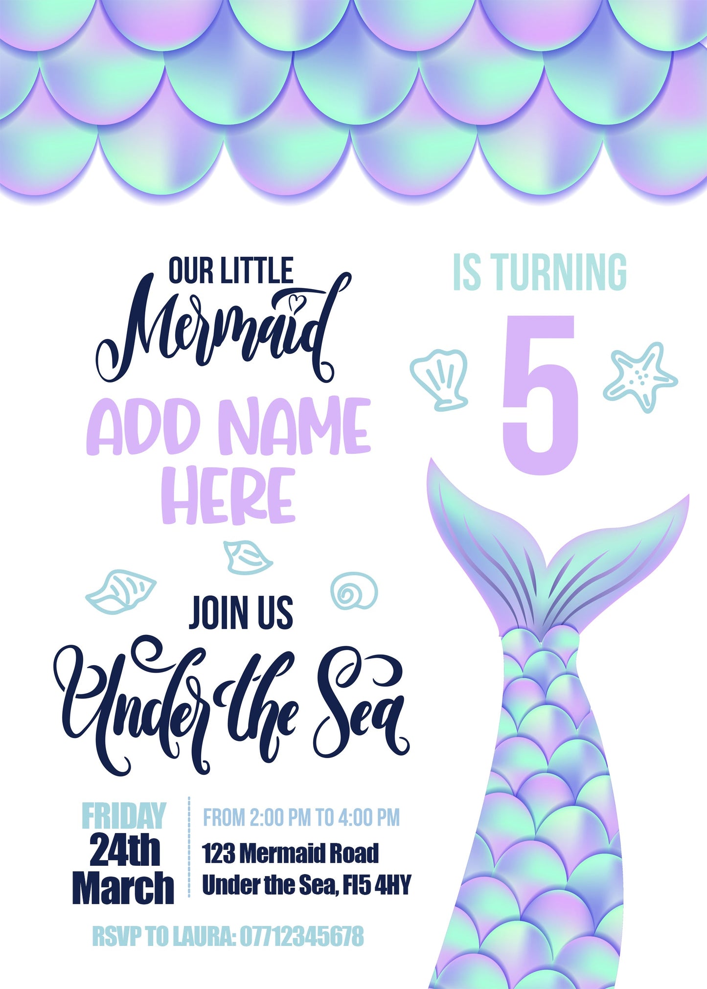 Mermaid Under The Sea Birthday Party Invitations