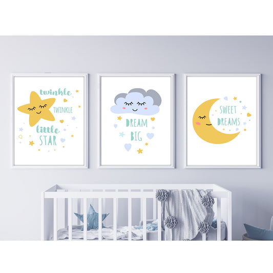 Stars Moon Clouds Set of 3 Wall Prints