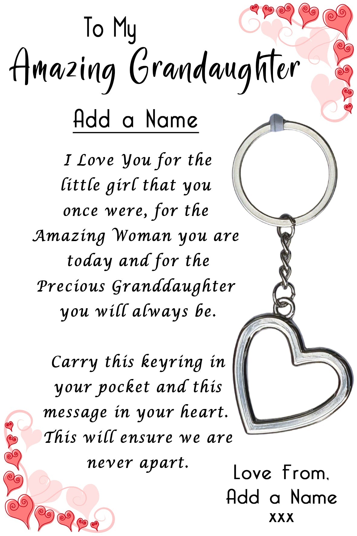 Amazing Granddaughter Heart Keyrings & Personalised Card