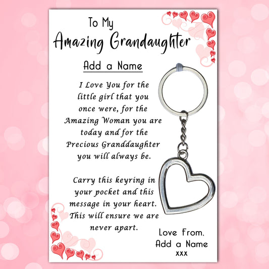 Amazing Granddaughter Heart Keyrings & Personalised Card