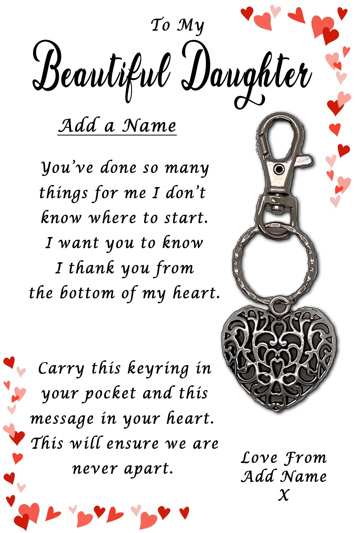 Beautiful Daughter Heart Keyrings & Personalised Cards