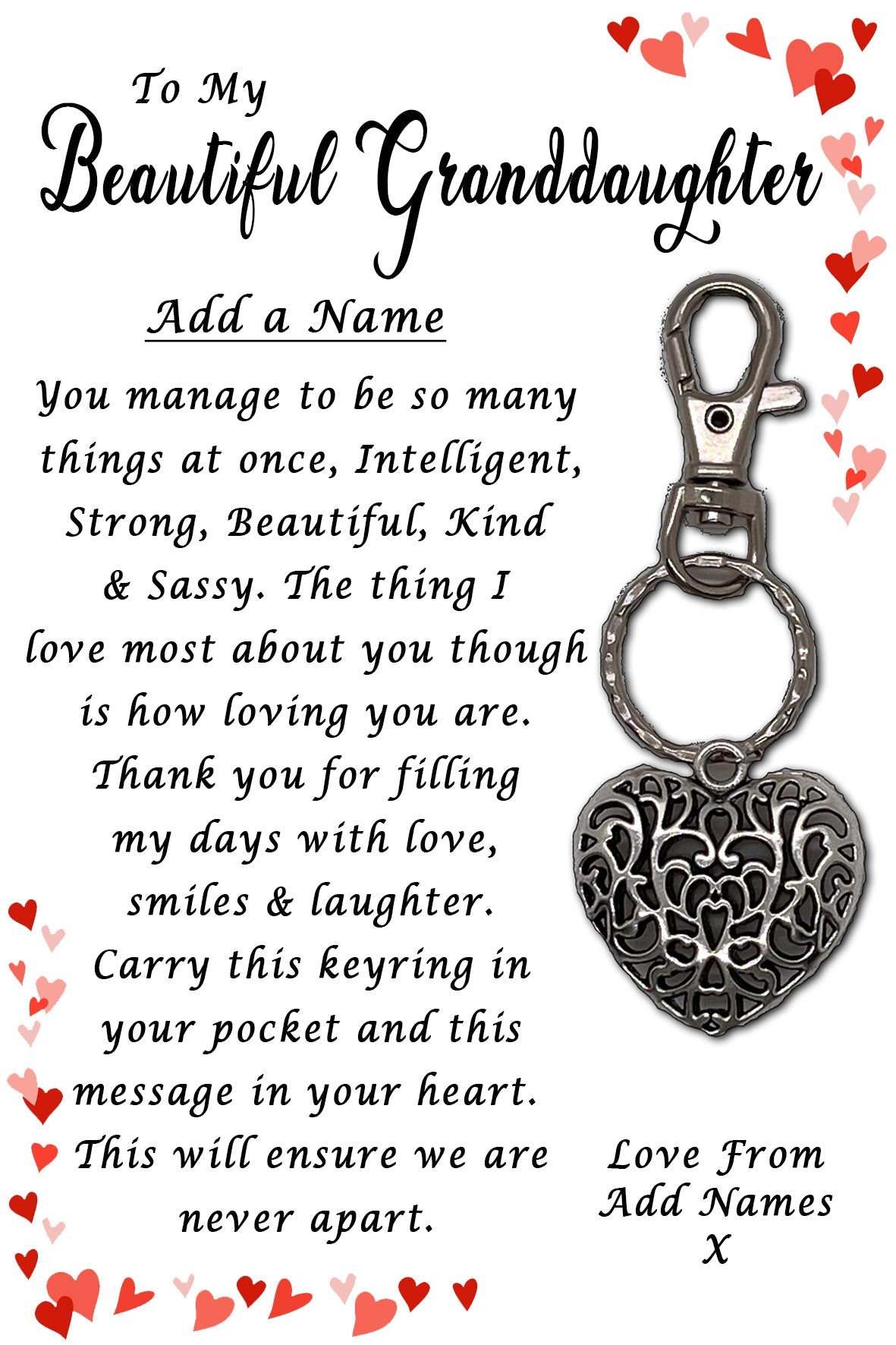 Beautiful Granddaughter Heart Keyrings & Personalised Cards