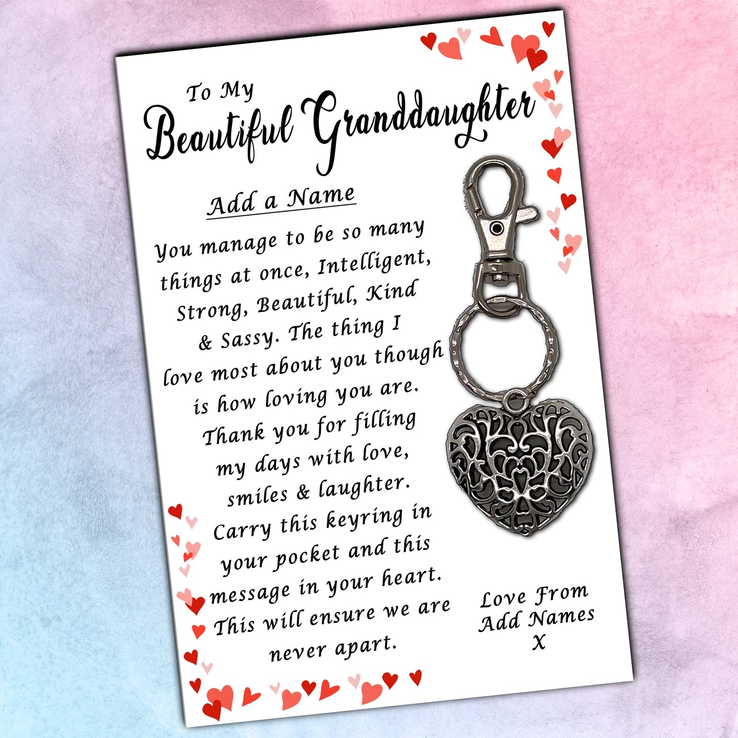 Beautiful Granddaughter Heart Keyrings & Personalised Cards