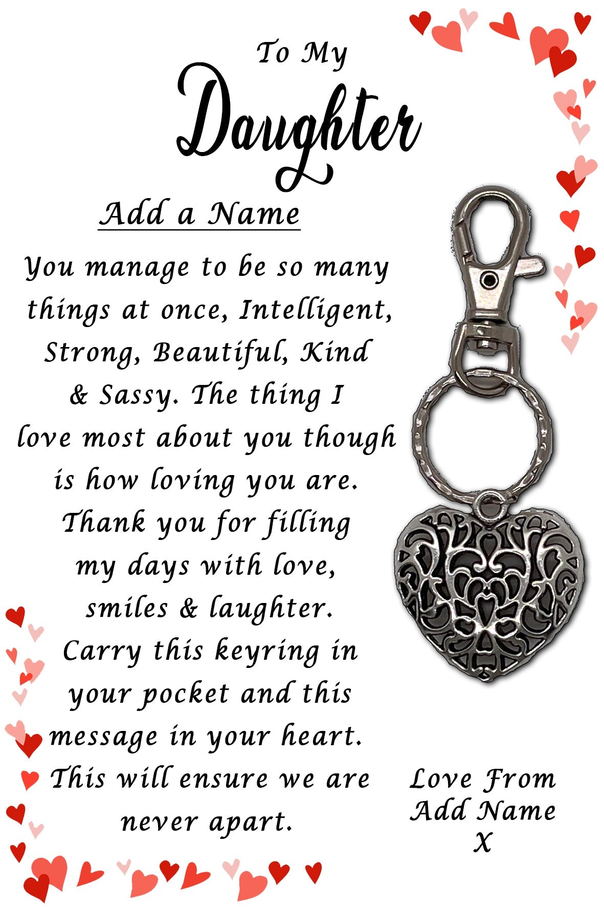 Beautiful Daughter Heart Keyrings & Personalised Cards