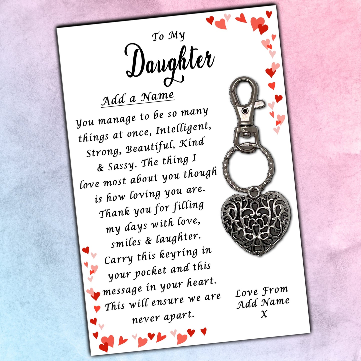 Beautiful Daughter Heart Keyrings & Personalised Cards