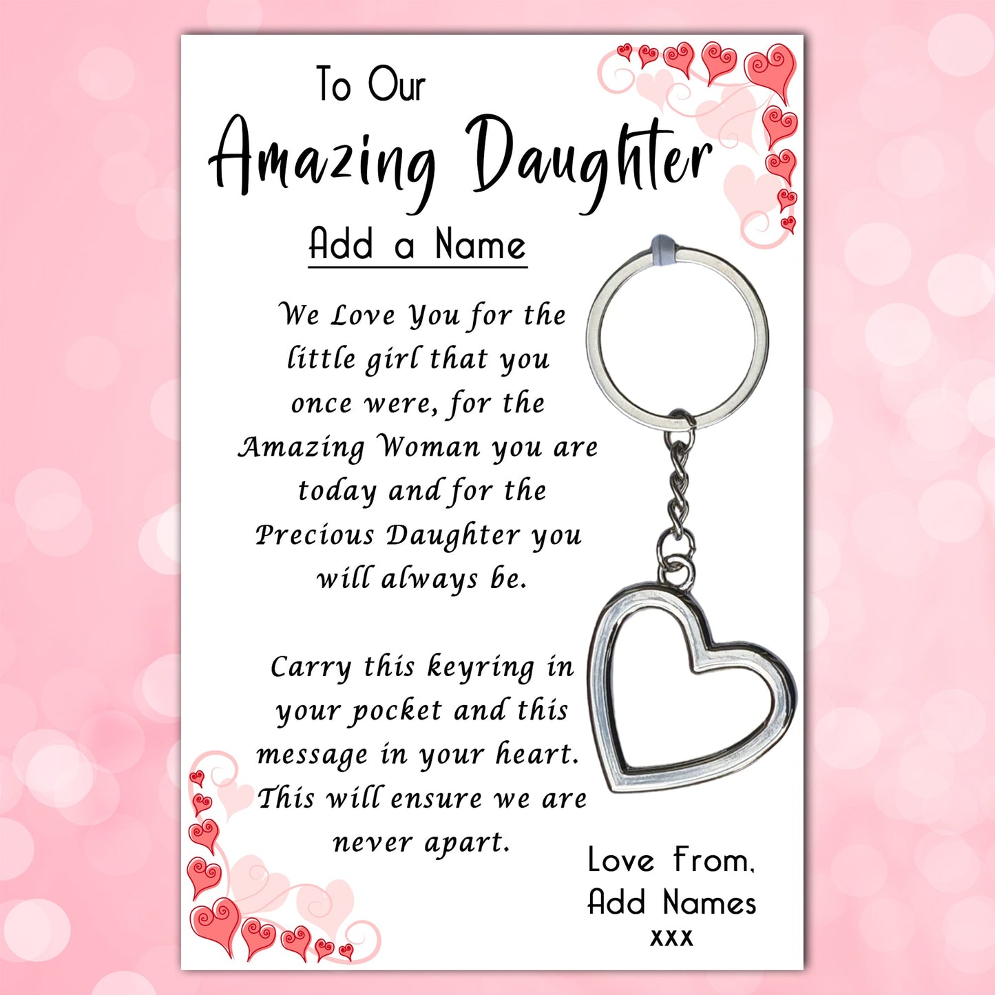 Amazing Daughter Heart Keyrings & Personalised Card