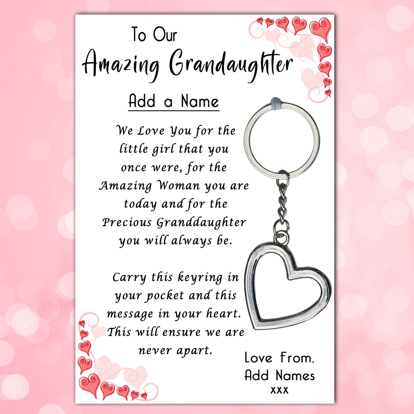 Amazing Granddaughter Heart Keyrings & Personalised Card