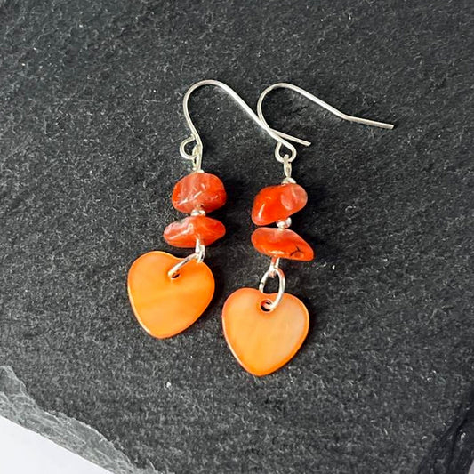 Fire Agate Stone Heart Shell Hook Earrings