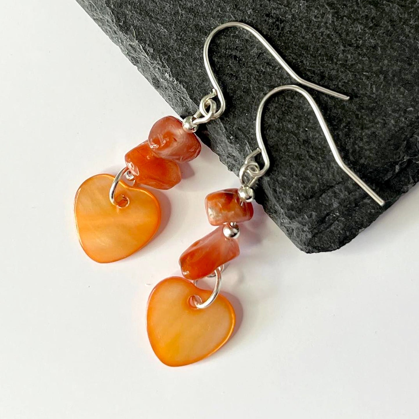 Fire Agate Stone Heart Shell Hook Earrings