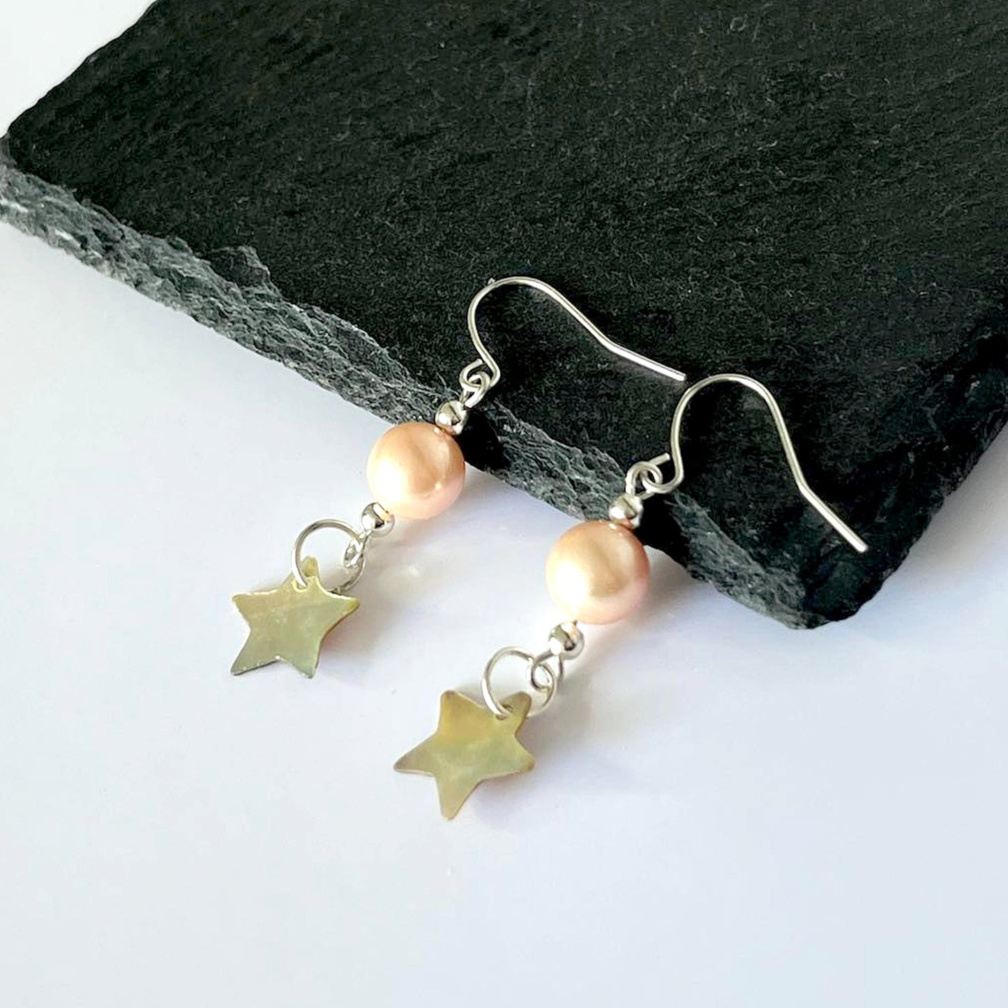 Shell Star Pink Pearl Hook Earrings