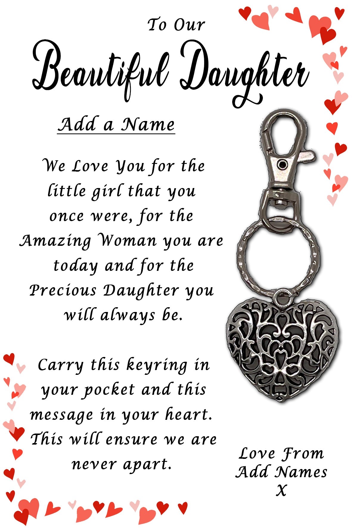 Beautiful Daughter Heart Keyrings & Personalised Cards