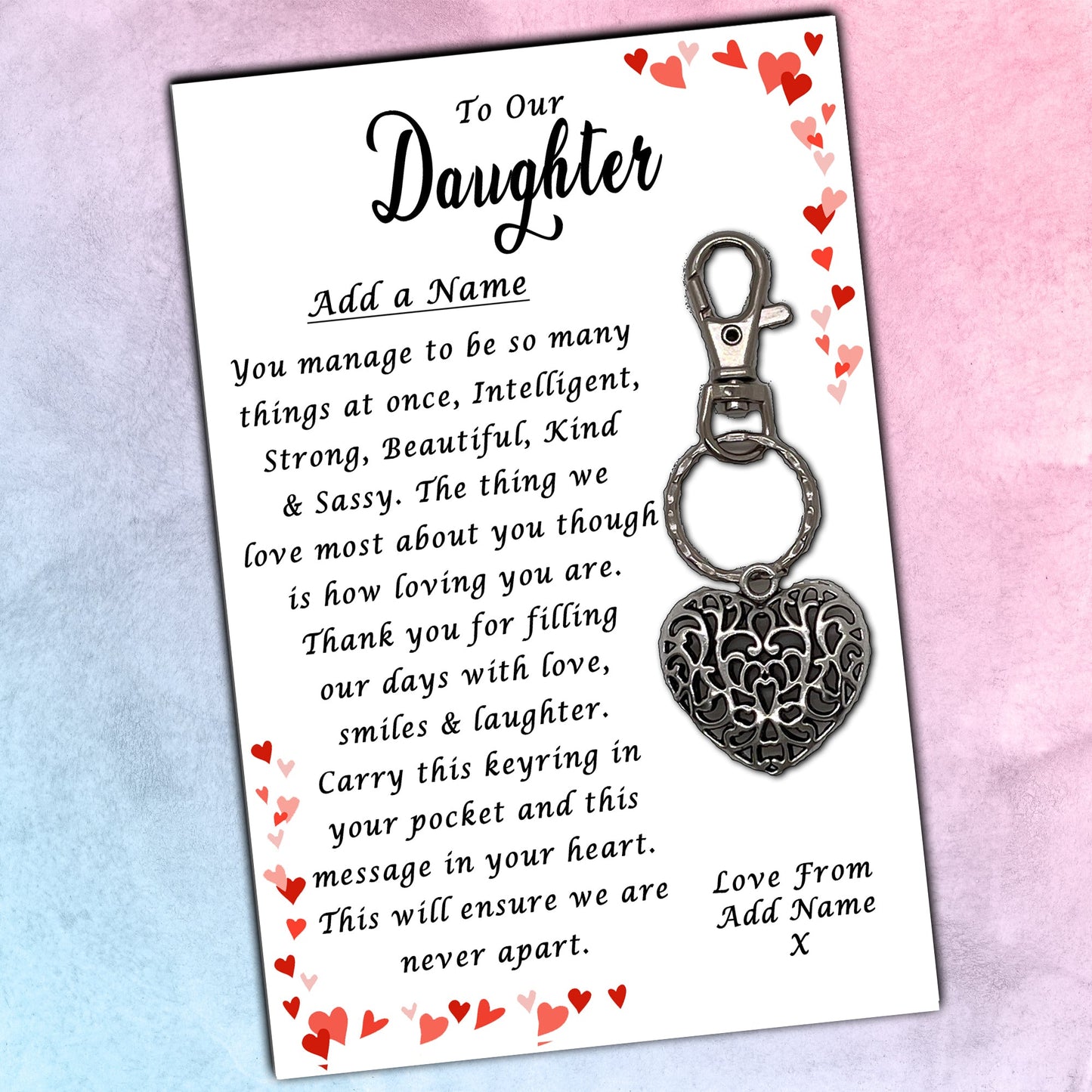 Beautiful Daughter Heart Keyrings & Personalised Cards