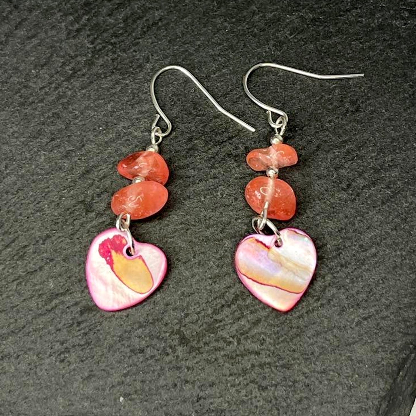 Cherry Quartz Stone Heart Shell Hook Earrings