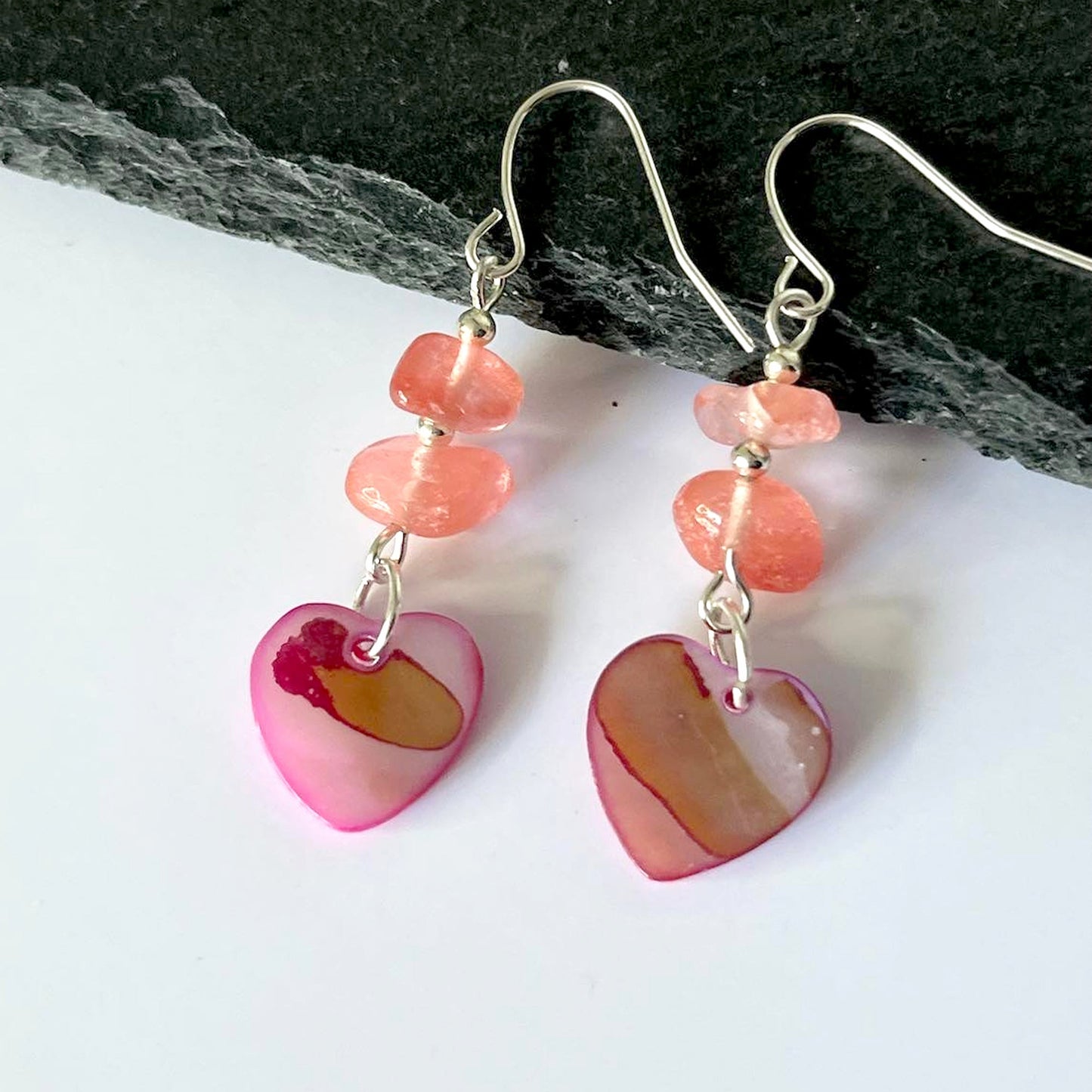 Cherry Quartz Stone Heart Shell Hook Earrings