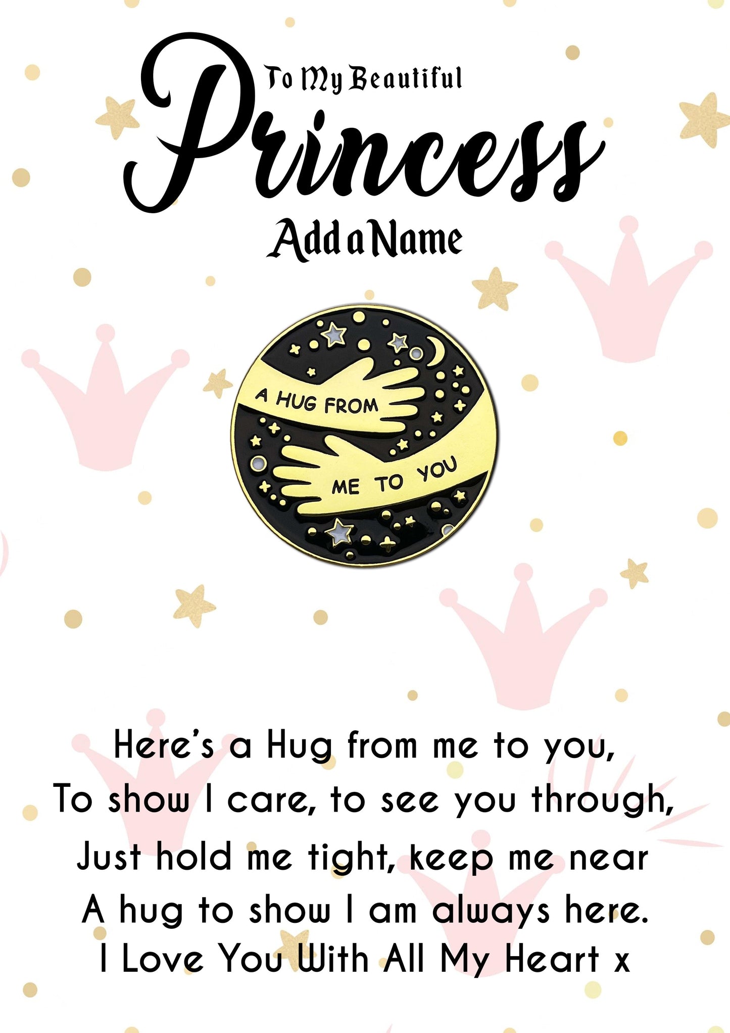 Beautiful Princess Pocket Hug Badges With Personalised Message Card