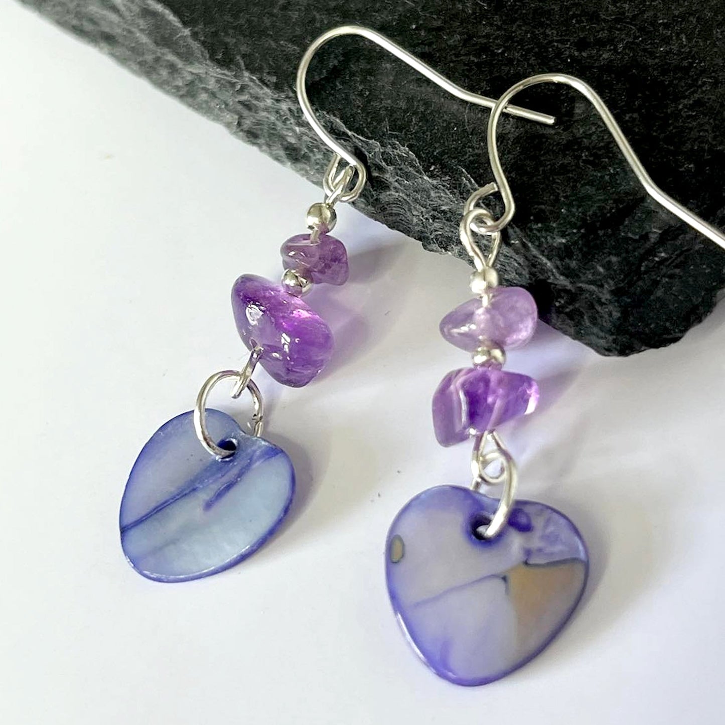 Amethyst Stone Heart Shell Hook Earrings