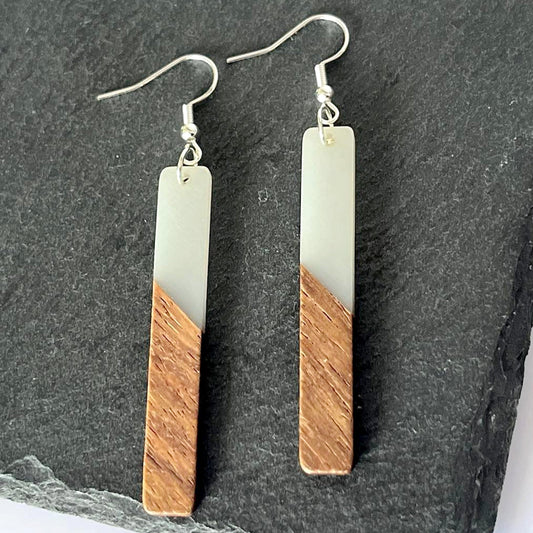 Opaque White Resin & Walnut Rectangular Hook Earrings