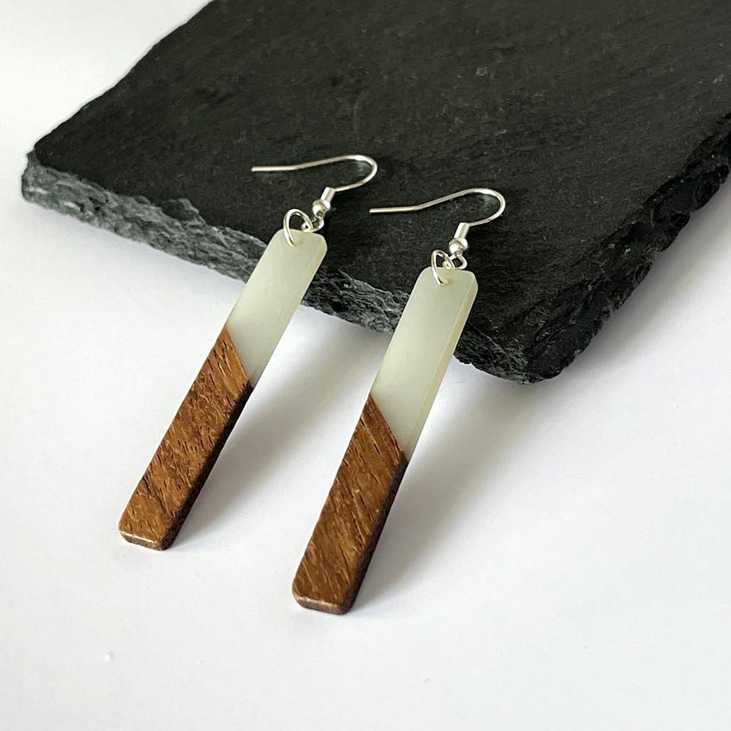 Opaque White Resin & Walnut Rectangular Hook Earrings