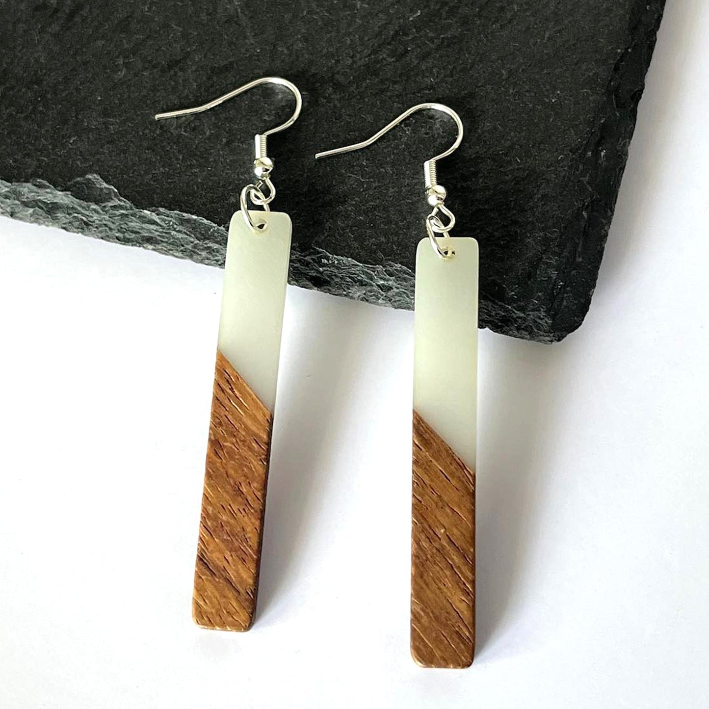 Opaque White Resin & Walnut Rectangular Hook Earrings