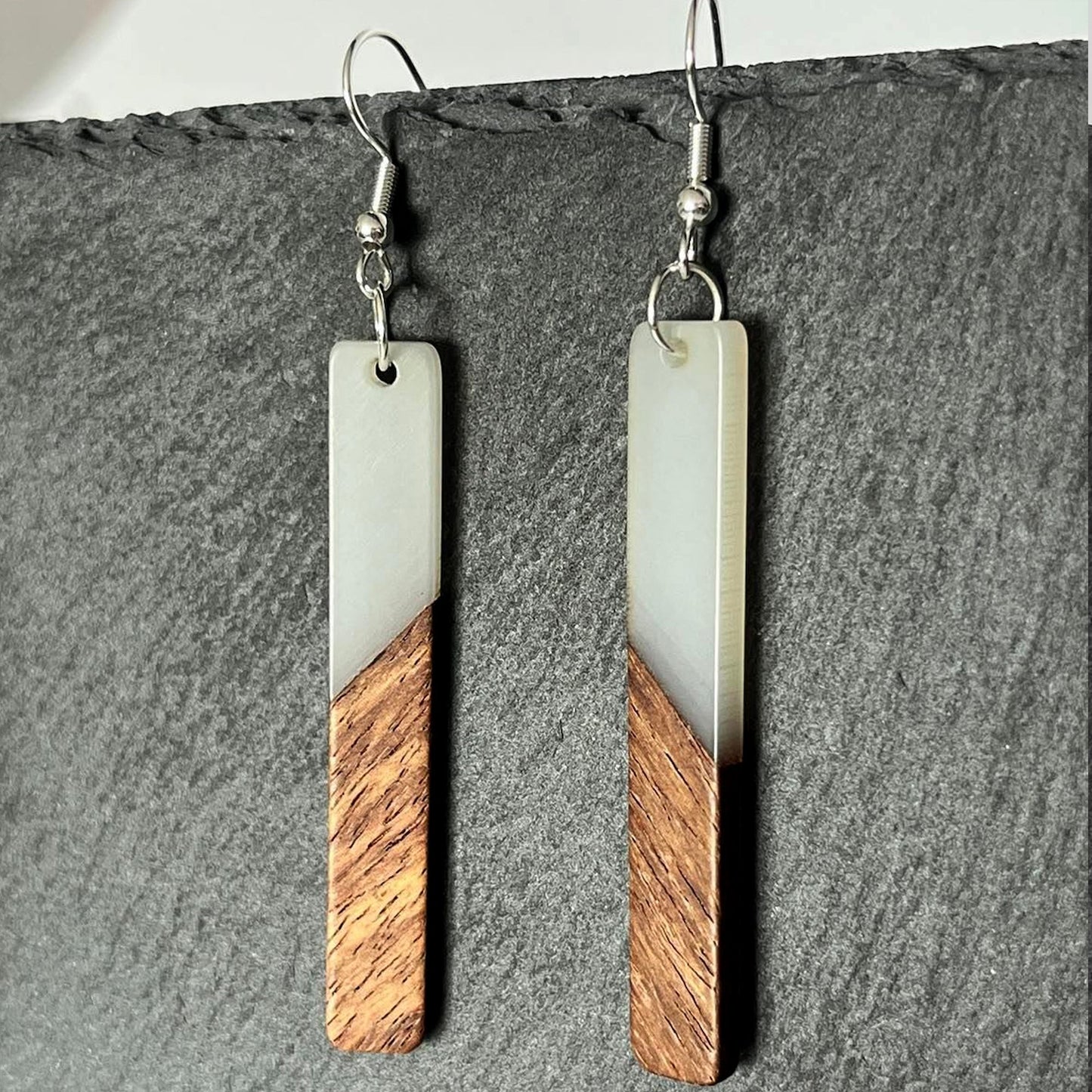 Opaque White Resin & Walnut Rectangular Hook Earrings